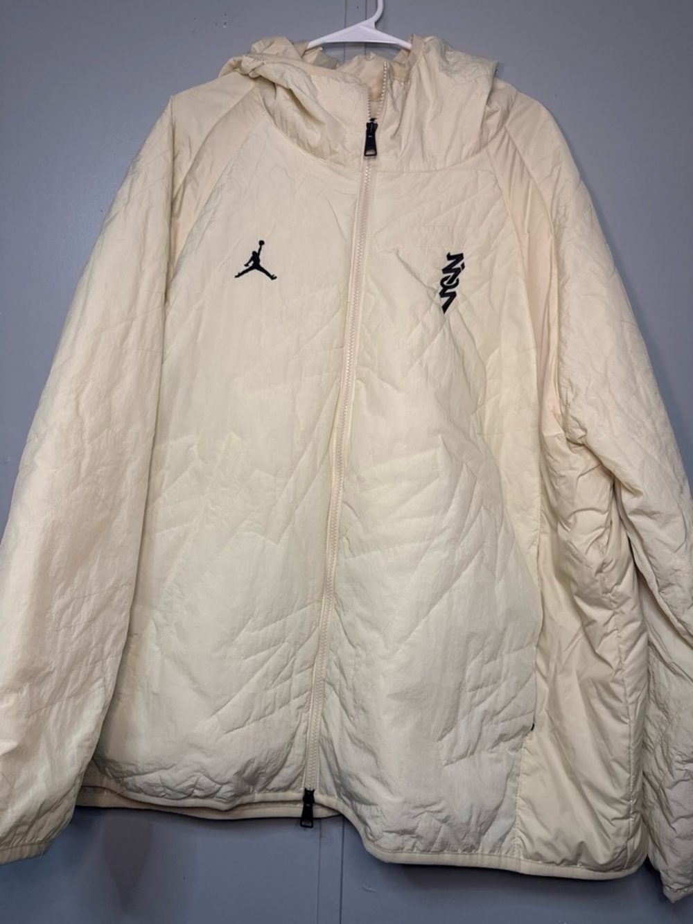 Jordan Cream Hooded Puffer Jacket with Black Logos